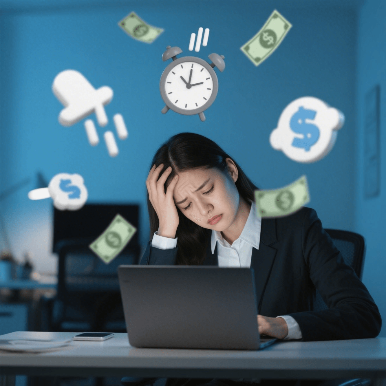 Nữ nhân viên mệt mỏi vì áp lực công việc, thiếu thời gian và bị vắt kiệt sức