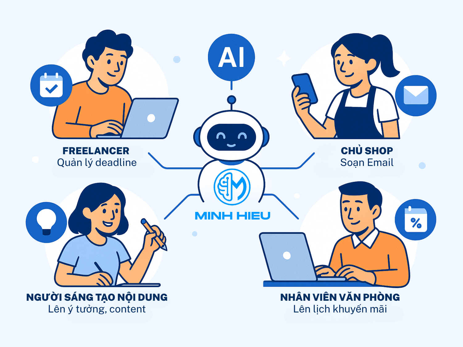 Minh họa trợ lý AI hỗ trợ freelancer, chủ shop online, nhân viên văn phòng và content creator